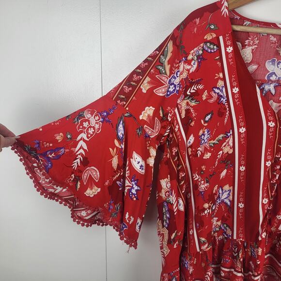 JAASE Floral Boho Tunic Top Romantic Ruffles Balloon Sleeve Button-Up Top | M - Picture 7 of 12